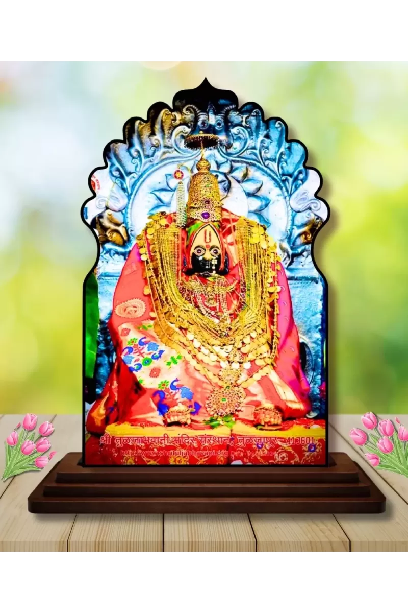 Car Dashboard/Table Top Tulja Bhavani Maa Wooden Temple Photo Stand  3x4 Inches, Compact & Stylish Spiritual Display For Car, Home & Office (Pack Of 1) (F22549)