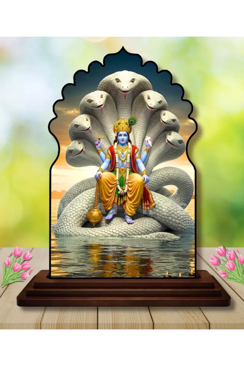 Car Dashboard/Table Top Lord Vishnu Wooden Temple Photo Stand  3x4 Inches, Compact & Stylish Spiritual Display For Car, Home & Office (Pack Of 1) (F22533)