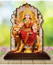 Car Dashboard/Table Top Goddess Durga Wooden Temple Photo Stand  3x4 Inches, Compact & Stylish Spiritual Display For Car, Home & Office (Pack Of 1) (F22537)