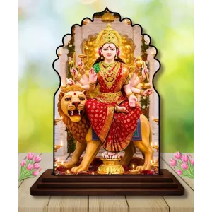 Car Dashboard/Table Top Goddess Durga Wooden Temple Photo Stand  3x4 Inches, Compact & Stylish Spiritual Display For Car, Home & Office (Pack Of 1) (F22537)
