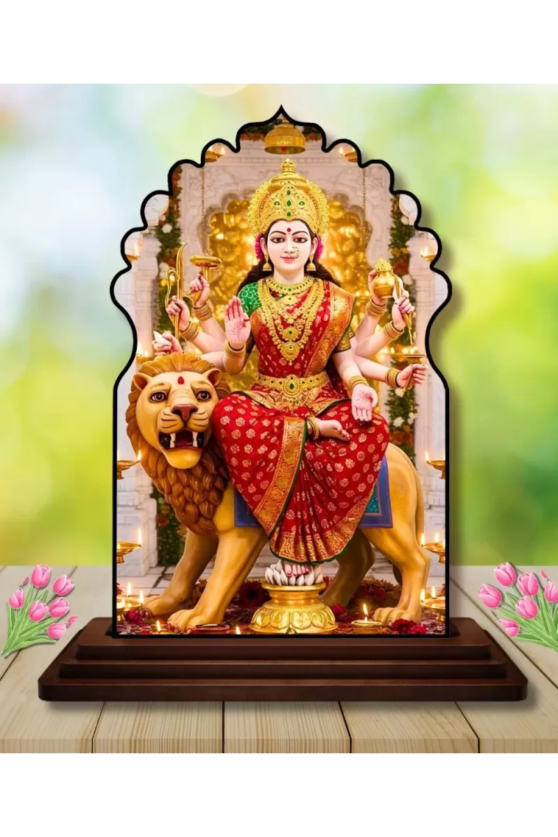 Car Dashboard/Table Top Goddess Durga Wooden Temple Photo Stand  3x4 Inches, Compact & Stylish Spiritual Display For Car, Home & Office (Pack Of 1) (F22537)