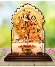 Car Dashboard/Table Top Radha Krishna Wooden Temple Photo Stand  3x4 Inches, Compact & Stylish Spiritual Display For Car, Home & Office (Pack Of 1) (F22539)
