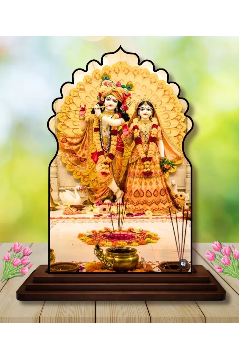 Car Dashboard/Table Top Radha Krishna Wooden Temple Photo Stand  3x4 Inches, Compact & Stylish Spiritual Display For Car, Home & Office (Pack Of 1) (F22539)