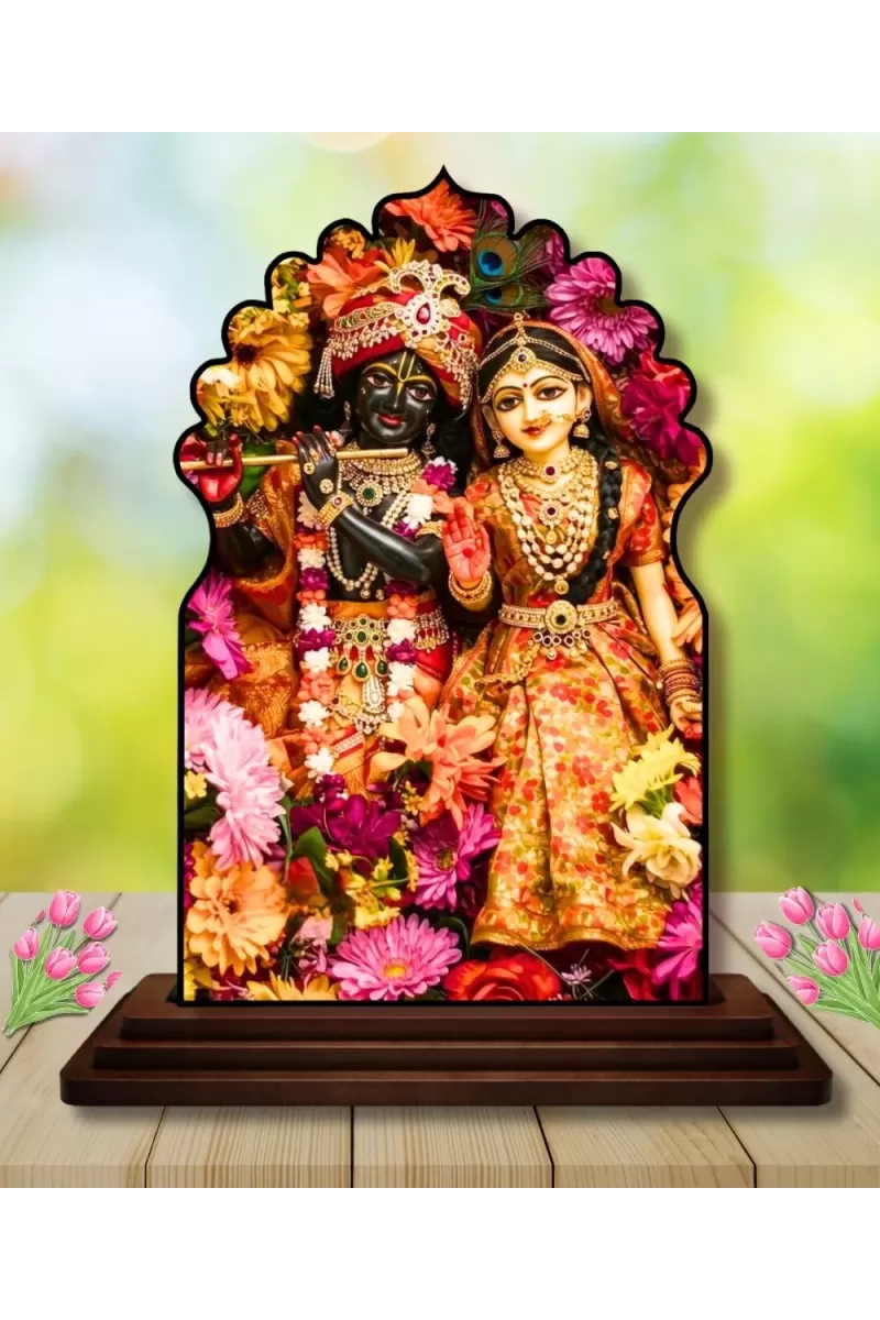 Car Dashboard/Table Top Radha Krishna Wooden Temple Photo Stand  3x4 Inches, Compact & Stylish Spiritual Display For Car, Home & Office (Pack Of 1) (F22540)