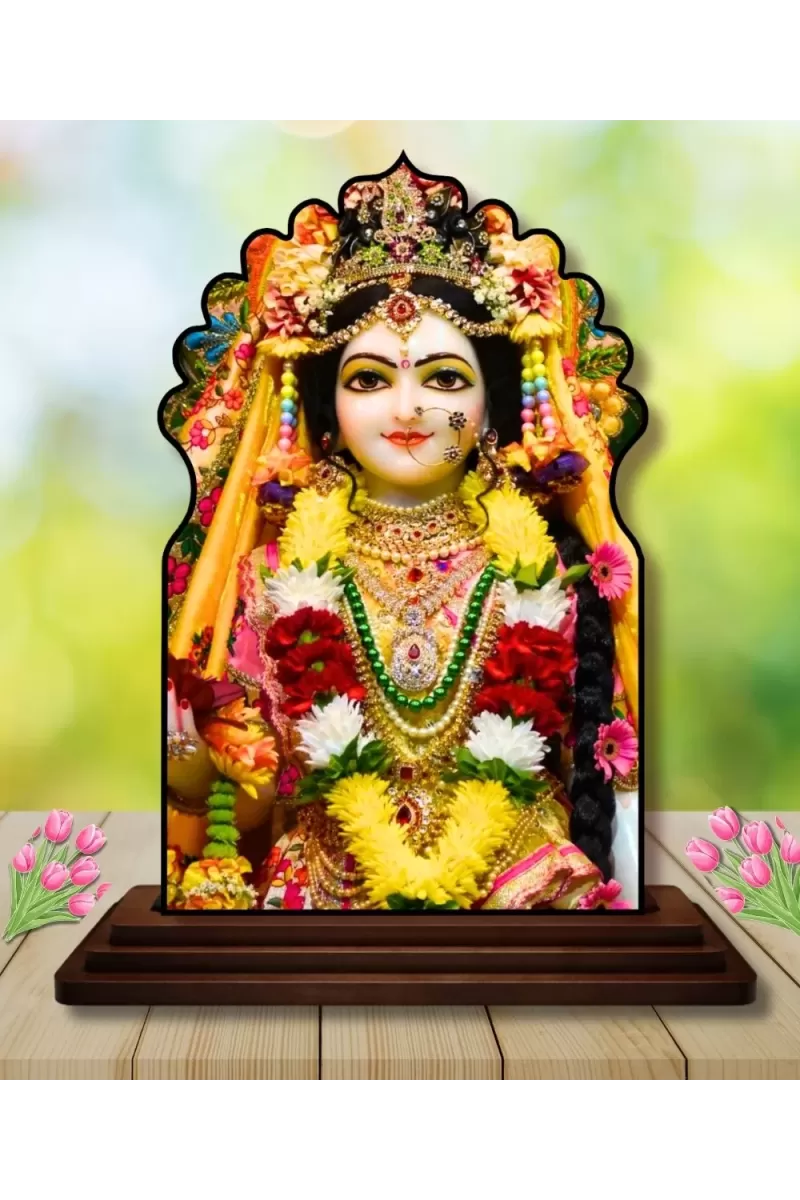 Car Dashboard/Table Top Radha  Wooden Temple Photo Stand  3x4 Inches, Compact & Stylish Spiritual Display For Car, Home & Office (Pack Of 1) (F22541)