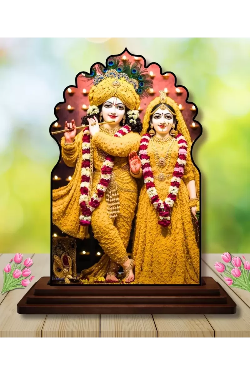 Car Dashboard/Table Top Radha Krishna Wooden Temple Photo Stand  3x4 Inches, Compact & Stylish Spiritual Display For Car, Home & Office (Pack Of 1) (F22542)