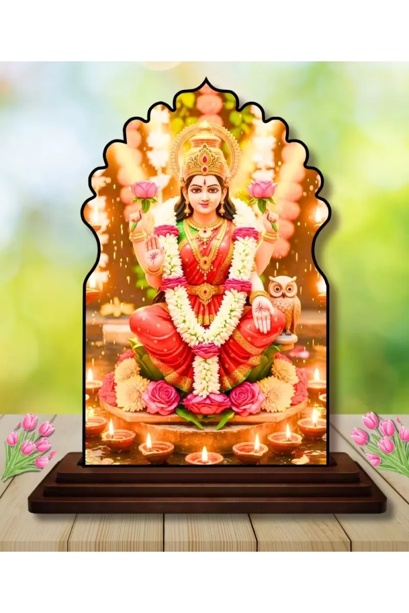 Car Dashboard/Table Top Goddess Lakshmi Wooden Temple Photo Stand  3x4 Inches, Compact & Stylish Spiritual Display For Car, Home & Office (Pack Of 1) (F22552)