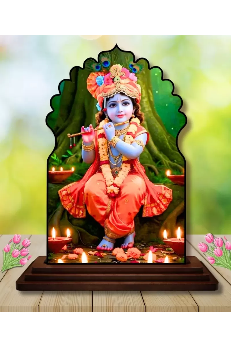Car Dashboard/Table Top God Krishna Wooden Temple Photo Stand  3x4 Inches, Compact & Stylish Spiritual Display For Car, Home & Office (Pack Of 1) (F22553)