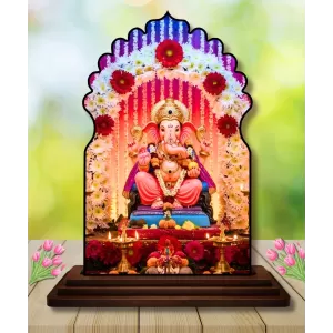 Car Dashboard/Table Top Lord Ganesha Wooden Temple Photo Stand  3x4 Inches, Compact & Stylish Spiritual Display For Car, Home & Office (Pack Of 1) (F22559)