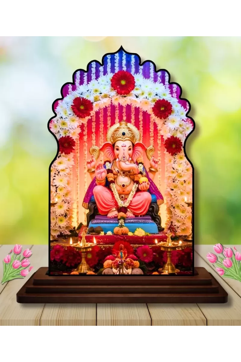 Car Dashboard/Table Top Lord Ganesha Wooden Temple Photo Stand  3x4 Inches, Compact & Stylish Spiritual Display For Car, Home & Office (Pack Of 1) (F22559)
