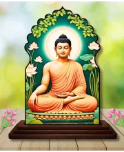 Car Dashboard/Table Top Serene Buddha Wooden Temple Photo Stand  3x4 Inches, Compact & Stylish Spiritual Display For Car, Home & Office (Pack Of 1) (F22566)