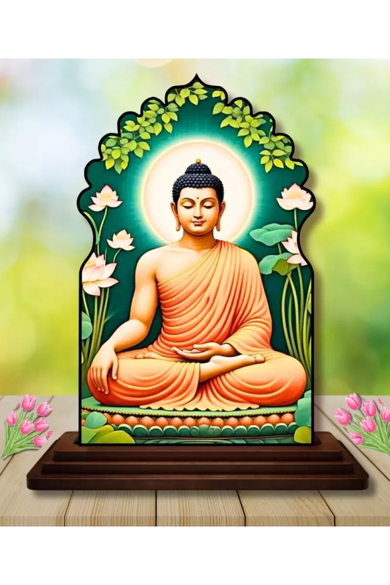 Car Dashboard/Table Top Serene Buddha Wooden Temple Photo Stand  3x4 Inches, Compact & Stylish Spiritual Display For Car, Home & Office (Pack Of 1) (F22566)