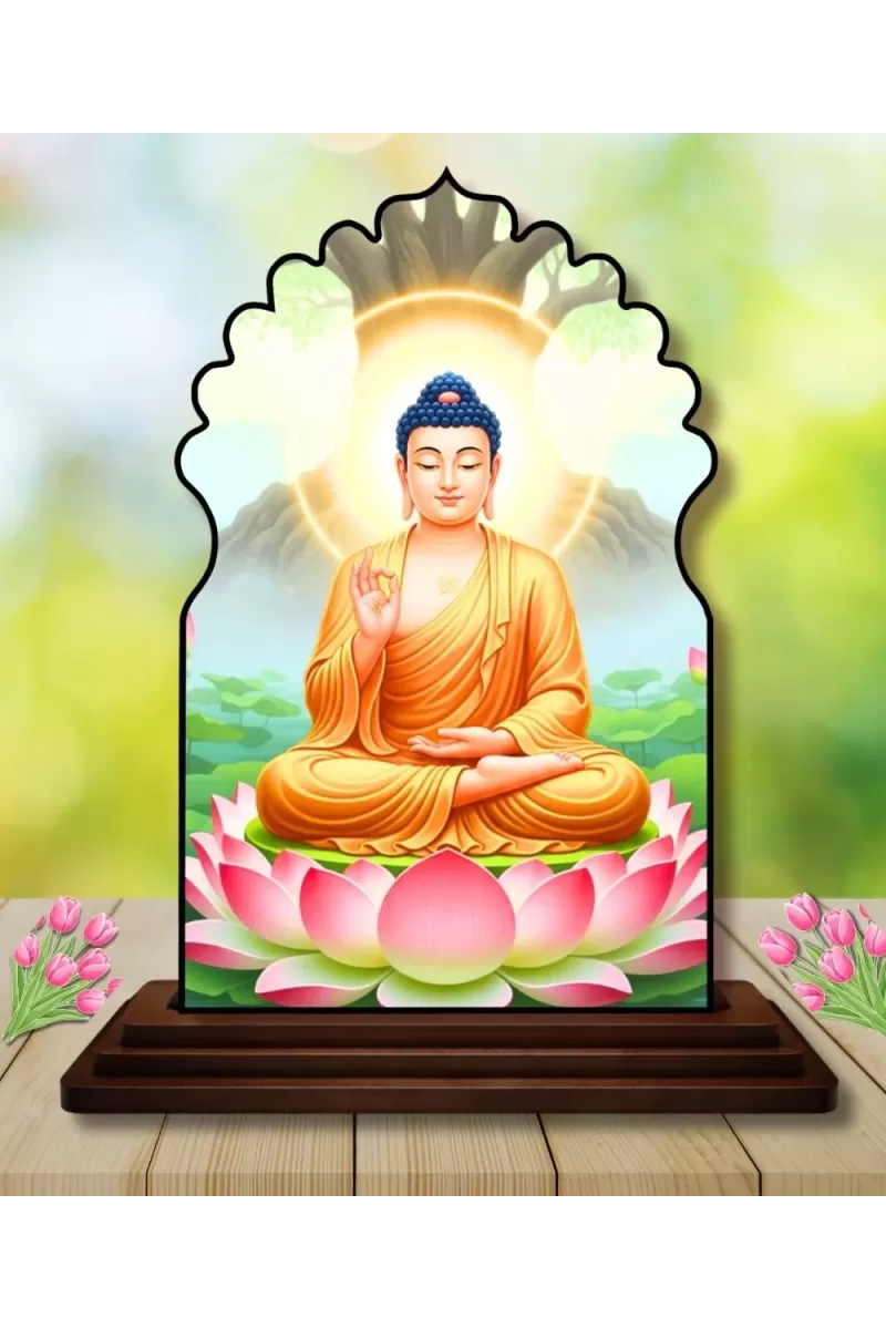 Car Dashboard/Table Top Serene Buddha Wooden Temple Photo Stand  3x4 Inches, Compact & Stylish Spiritual Display For Car, Home & Office (Pack Of 1) (F22567)