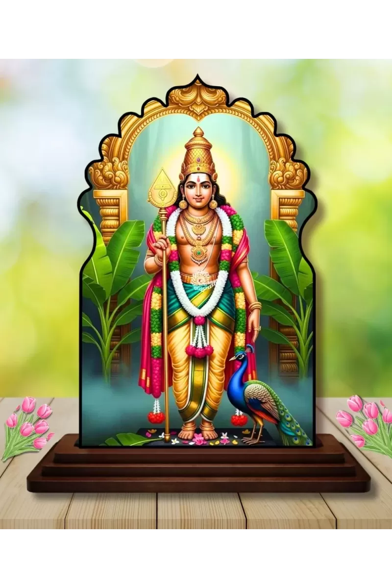 Car Dashboard/Table Top Lord Murugan Wooden Temple Photo Stand  3x4 Inches, Compact & Stylish Spiritual Display For Car, Home & Office (Pack Of 1) (F22568)