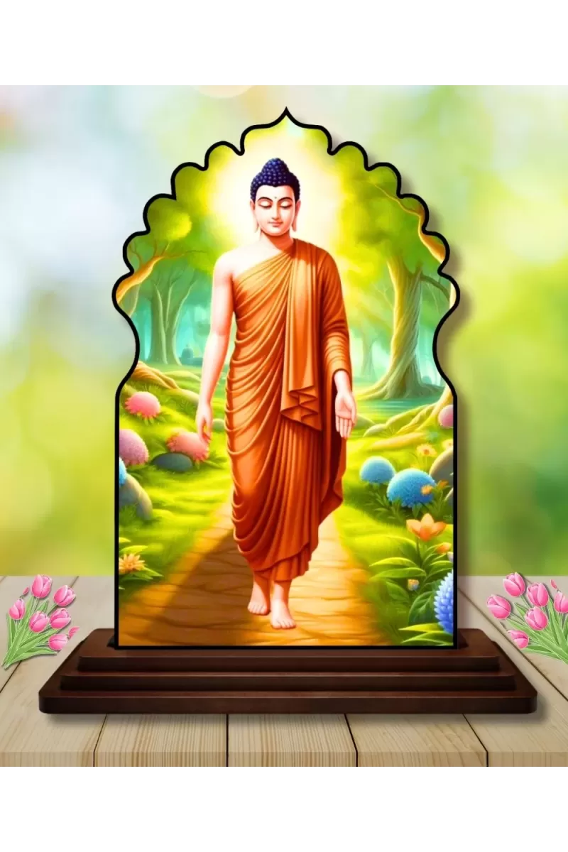 Car Dashboard/Table Top Serene Buddha Wooden Temple Photo Stand  3x4 Inches, Compact & Stylish Spiritual Display For Car, Home & Office (Pack Of 1) (F22570)