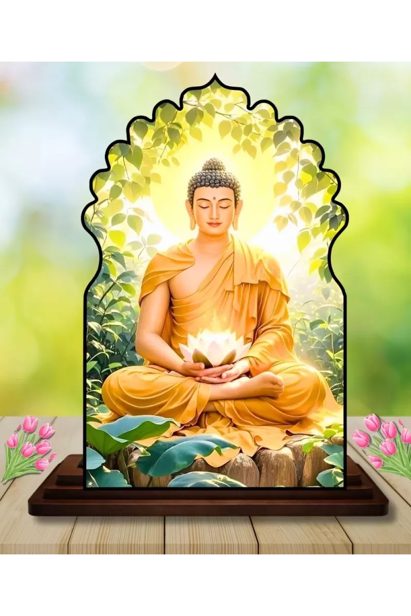Car Dashboard/Table Top Serene Buddha Wooden Temple Photo Stand  3x4 Inches, Compact & Stylish Spiritual Display For Car, Home & Office (Pack Of 1) (F22576)