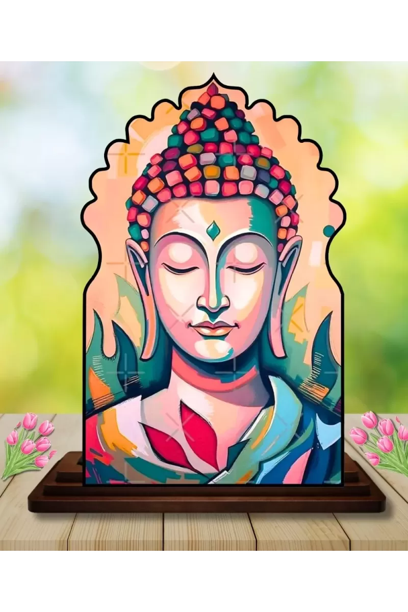 Car Dashboard/Table Top Serene Buddha Wooden Temple Photo Stand  3x4 Inches, Compact & Stylish Spiritual Display For Car, Home & Office (Pack Of 1) (F22579)