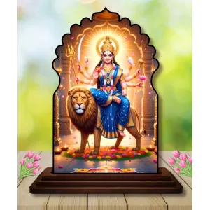 Car Dashboard/Table Top Goddess Durga Wooden Temple Photo Stand  3x4 Inches, Compact & Stylish Spiritual Display For Car, Home & Office (Pack Of 1) (F22582)