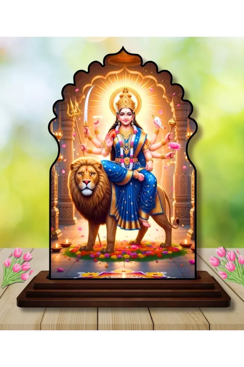Car Dashboard/Table Top Goddess Durga Wooden Temple Photo Stand  3x4 Inches, Compact & Stylish Spiritual Display For Car, Home & Office (Pack Of 1) (F22582)