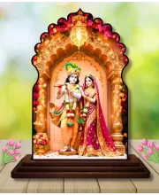 Car Dashboard/Table Top Radha Krishna Wooden Temple Photo Stand  3x4 Inches, Compact & Stylish Spiritual Display For Car, Home & Office (Pack Of 1) (F22583)
