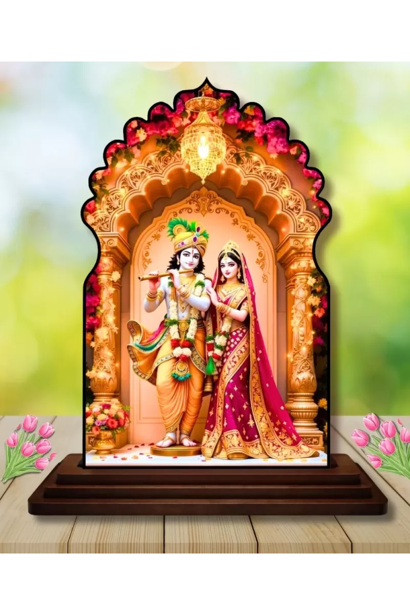Car Dashboard/Table Top Radha Krishna Wooden Temple Photo Stand  3x4 Inches, Compact & Stylish Spiritual Display For Car, Home & Office (Pack Of 1) (F22583)