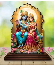 Car Dashboard/Table Top Radha Krishna Wooden Temple Photo Stand  3x4 Inches, Compact & Stylish Spiritual Display For Car, Home & Office (Pack Of 1) (F22584)