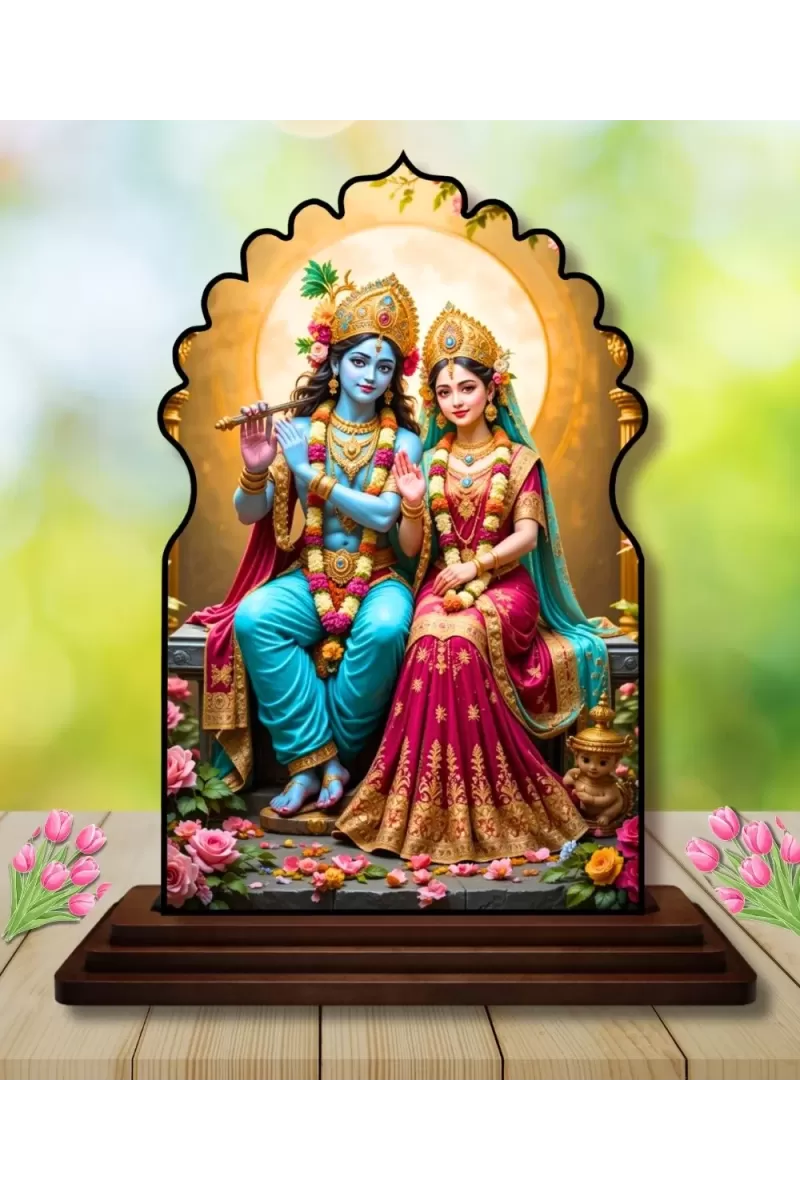 Car Dashboard/Table Top Radha Krishna Wooden Temple Photo Stand  3x4 Inches, Compact & Stylish Spiritual Display For Car, Home & Office (Pack Of 1) (F22584)
