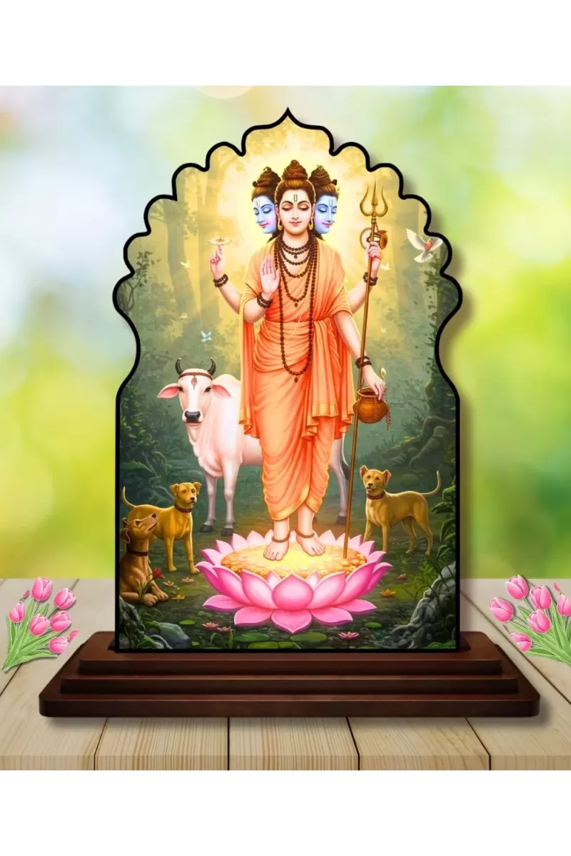 Car Dashboard/Table Top Lord Dattatreya Wooden Temple Photo Stand  3x4 Inches, Compact & Stylish Spiritual Display For Car, Home & Office (Pack Of 1) (F22586)