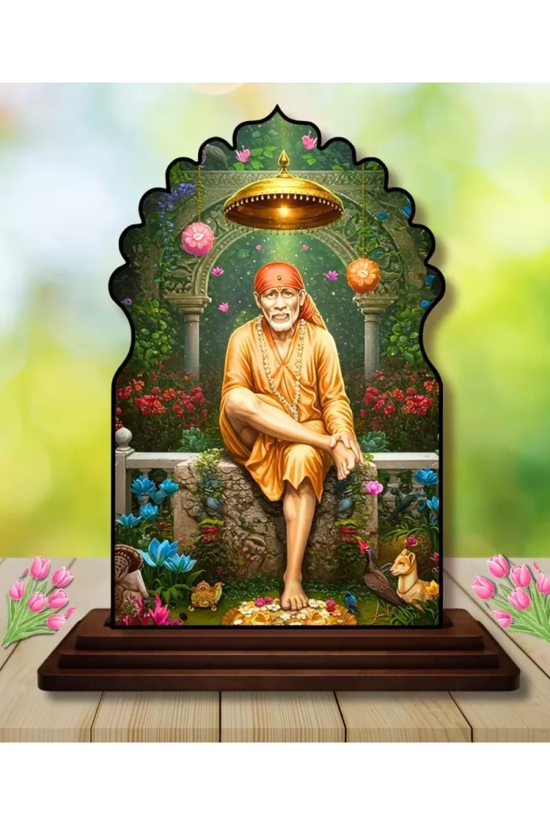 Car Dashboard/Table Top Lord Saibaba Wooden Temple Photo Stand  3x4 Inches, Compact & Stylish Spiritual Display For Car, Home & Office (Pack Of 1) (F22588)
