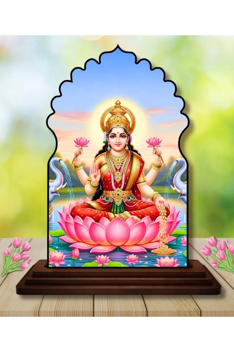 Car Dashboard/Table Top Goddess Lakshmi Wooden Temple Photo Stand  3x4 Inches, Compact & Stylish Spiritual Display For Car, Home & Office (Pack Of 1) (F22594)