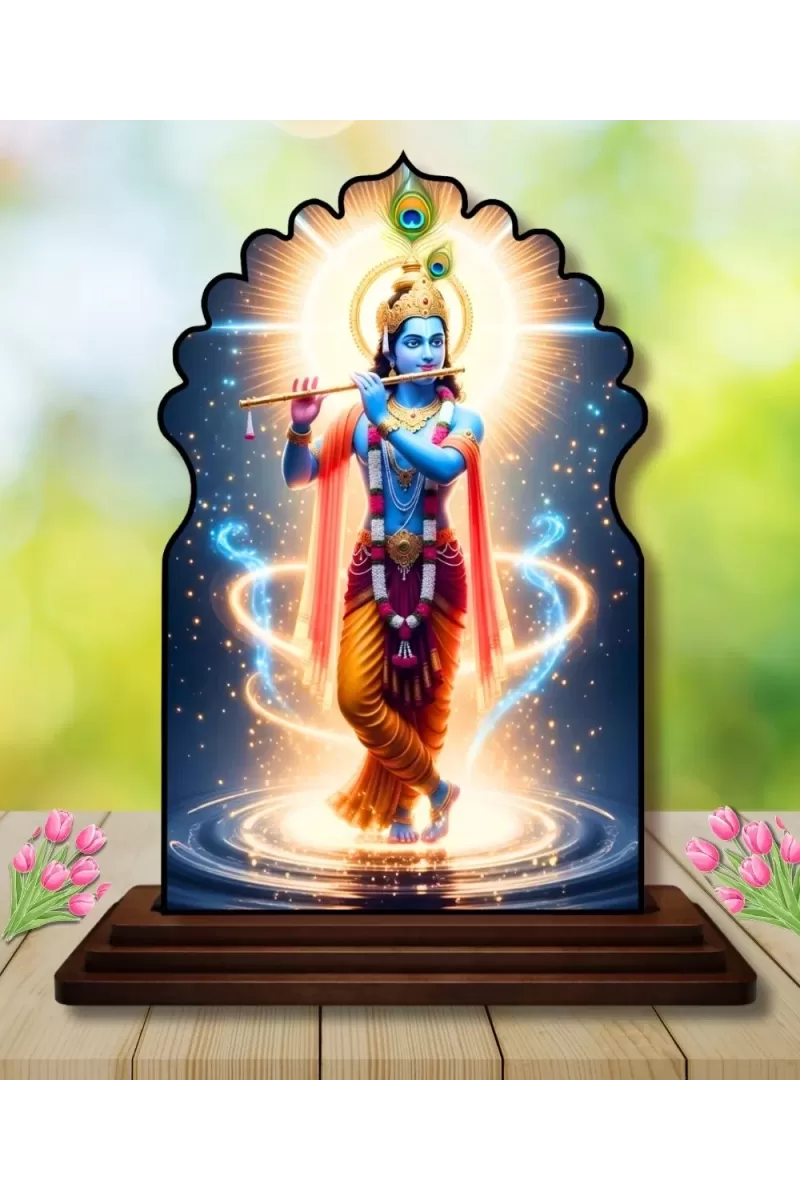 Car Dashboard/Table Top Lord Krishna Wooden Temple Photo Stand  3x4 Inches, Compact & Stylish Spiritual Display For Car, Home & Office (Pack Of 1) (F22595)