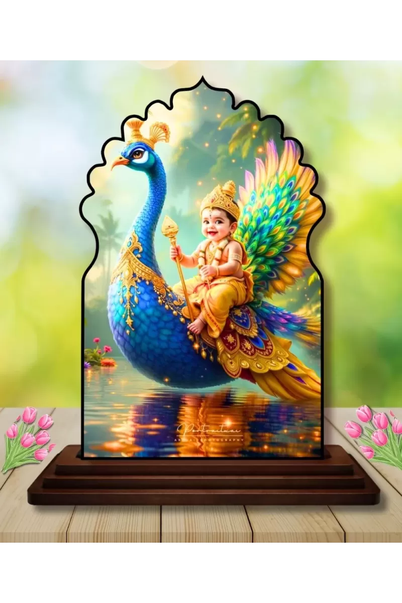Car Dashboard/Table Top Lord Murugan Wooden Temple Photo Stand  3x4 Inches, Compact & Stylish Spiritual Display For Car, Home & Office (Pack Of 1) (F22596)