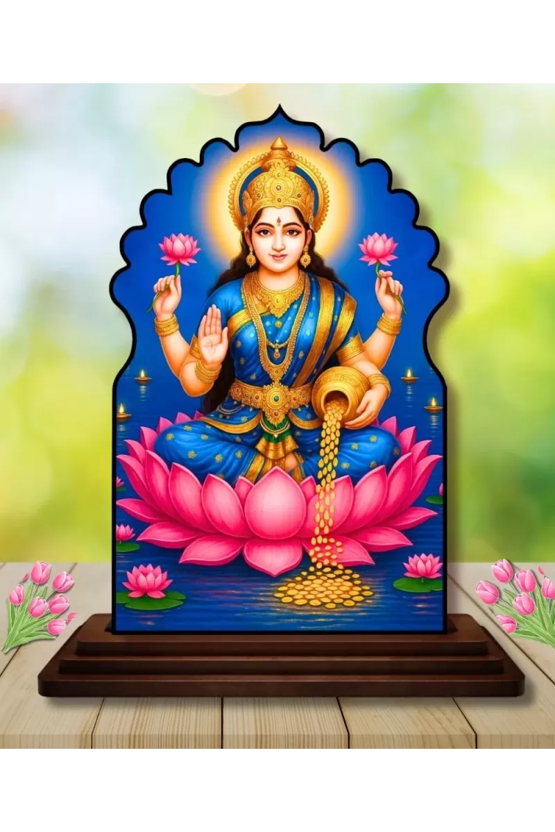 Car Dashboard/Table Top Goddess Lakshmi Wooden Temple Photo Stand  3x4 Inches, Compact & Stylish Spiritual Display For Car, Home & Office (Pack Of 1) (F22602)