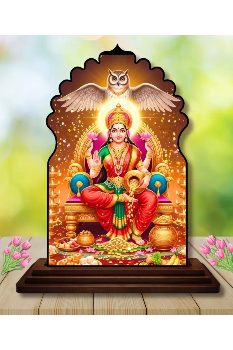 Car Dashboard/Table Top Goddess Lakshmi Wooden Temple Photo Stand  3x4 Inches, Compact & Stylish Spiritual Display For Car, Home & Office (Pack Of 1) (F22605)
