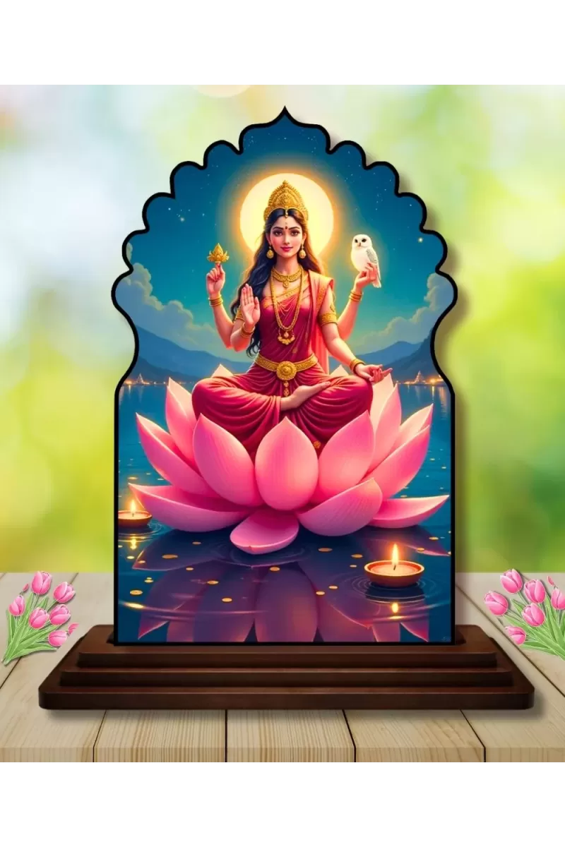 Car Dashboard/Table Top Goddess Laxmi Wooden Temple Photo Stand  3x4 Inches, Compact & Stylish Spiritual Display For Car, Home & Office (Pack Of 1) (F22607)