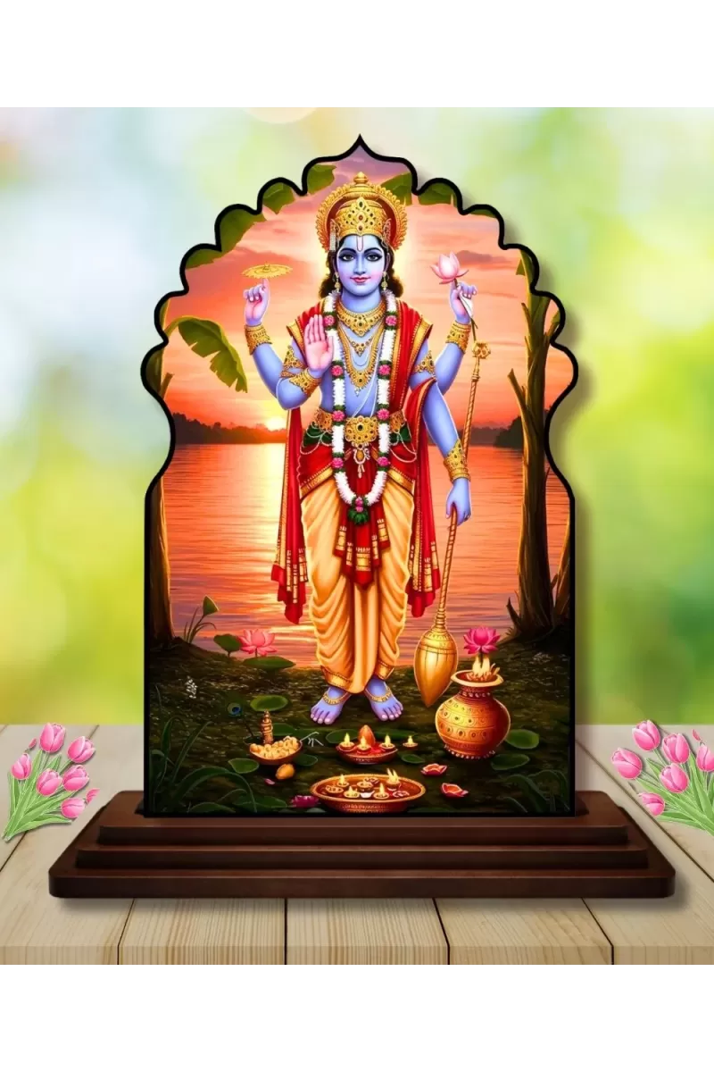 Car Dashboard/Table Top Lord Vishnu Wooden Temple Photo Stand  3x4 Inches, Compact & Stylish Spiritual Display For Car, Home & Office (Pack Of 1) (F22609)