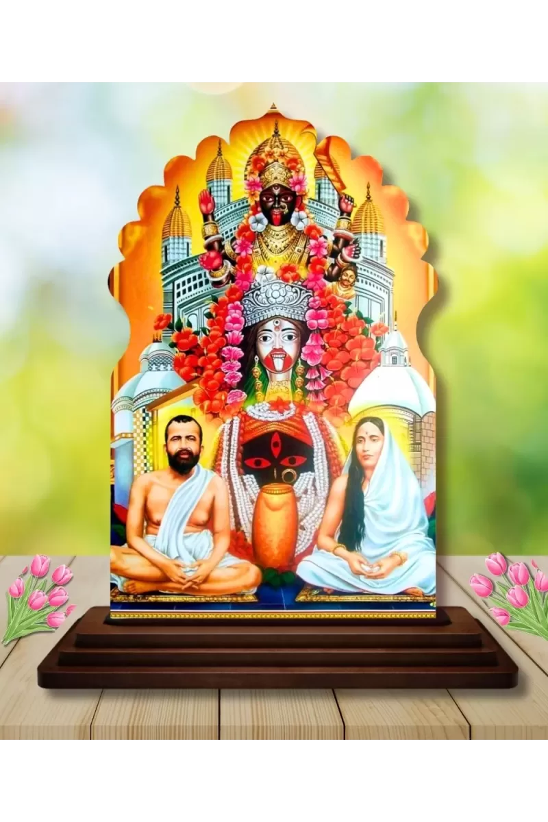 Car Dashboard/Table Top Kali Maa With Ramakrishna Paramahamsa Wooden Temple Photo Stand  3x4 Inches, Compact & Stylish Spiritual Display For Car, Home & Office (Pack Of 1) (F22610)