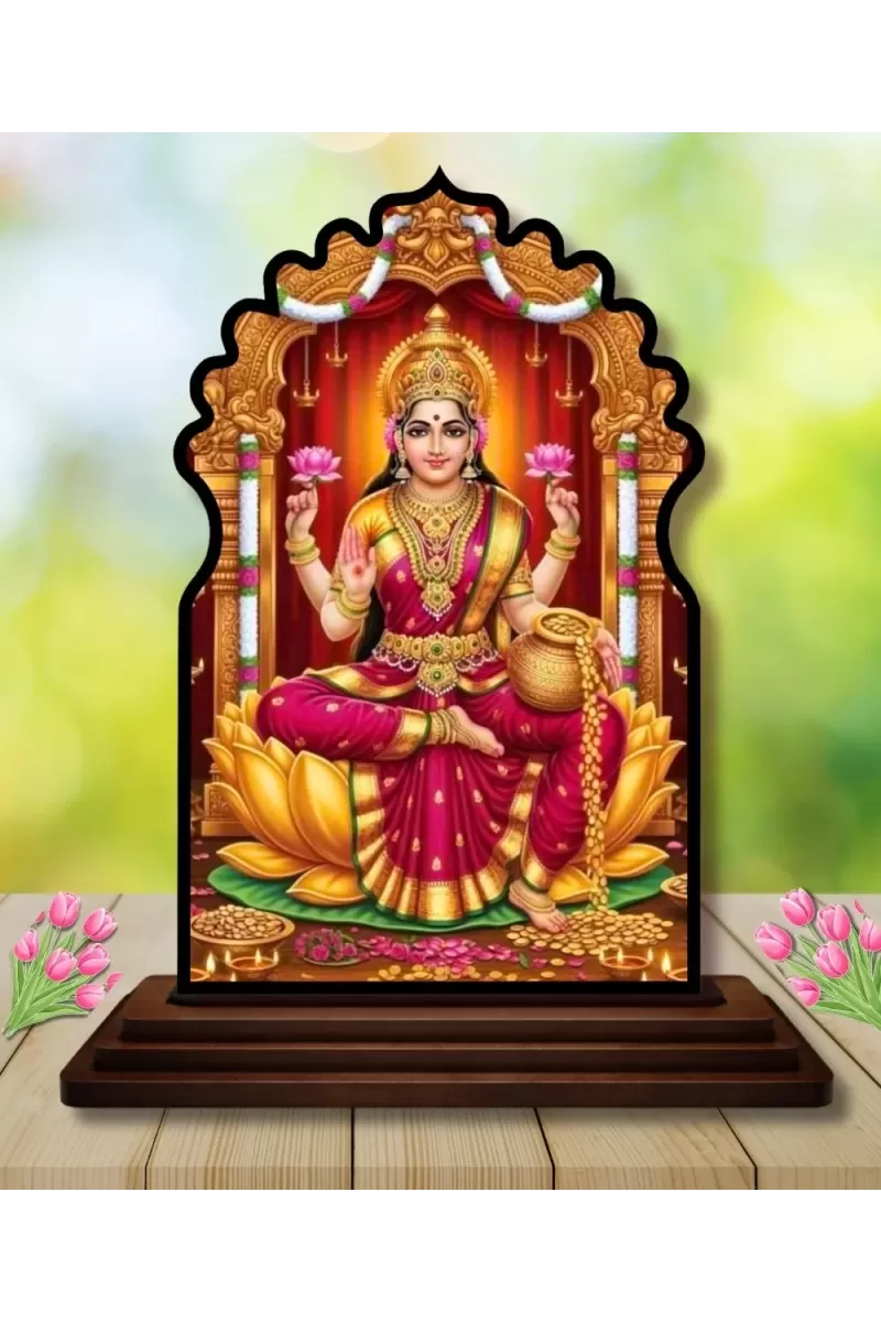 Car Dashboard/Table Top Goddess Laxmi Wooden Temple Photo Stand  3x4 Inches, Compact & Stylish Spiritual Display For Car, Home & Office (Pack Of 1) (F22612)