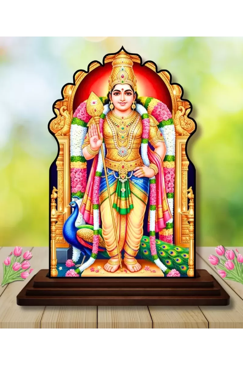 Car Dashboard/Table Top Lord Murugan Subramanya Swamy  Wooden Temple Photo Stand  3x4 Inches, Compact & Stylish Spiritual Display For Car, Home & Office (Pack Of 1) (F22622)