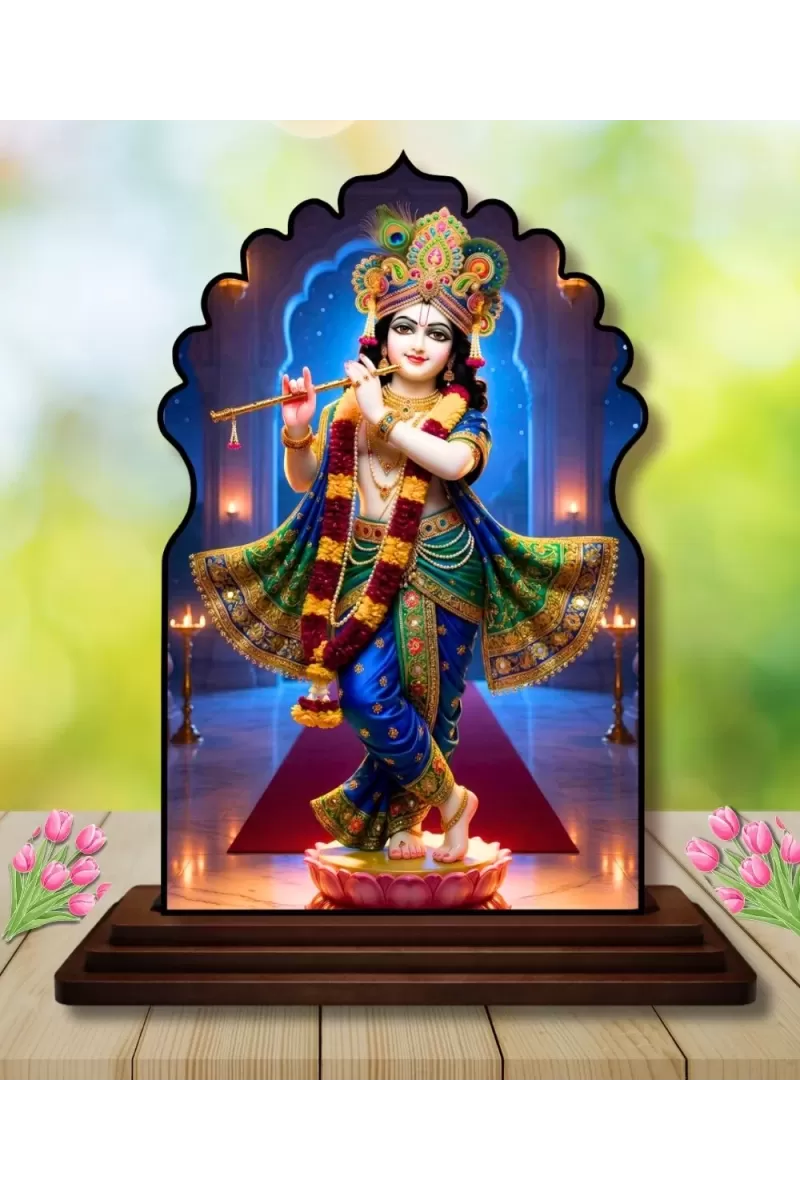 Car Dashboard/Table Top Lord Krishna Wooden Temple Photo Stand  3x4 Inches, Compact & Stylish Spiritual Display For Car, Home & Office (Pack Of 1) (F22627)