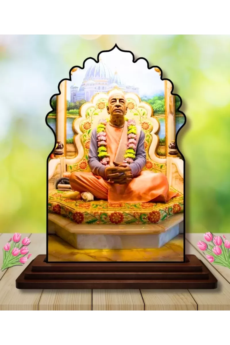 Car Dashboard/Table Top Swami Prabhupada  Wooden Temple Photo Stand  3x4 Inches, Compact & Stylish Spiritual Display For Car, Home & Office (Pack Of 1) (F22635)