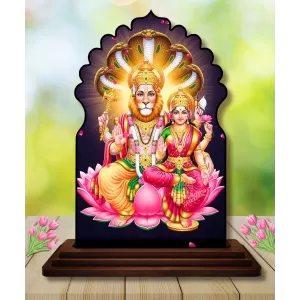Car Dashboard/Table Top Lakshmi Narasimha Swami Wooden Temple Photo Stand  3x4 Inches, Compact & Stylish Spiritual Display For Car, Home & Office (Pack Of 1) (F22646)