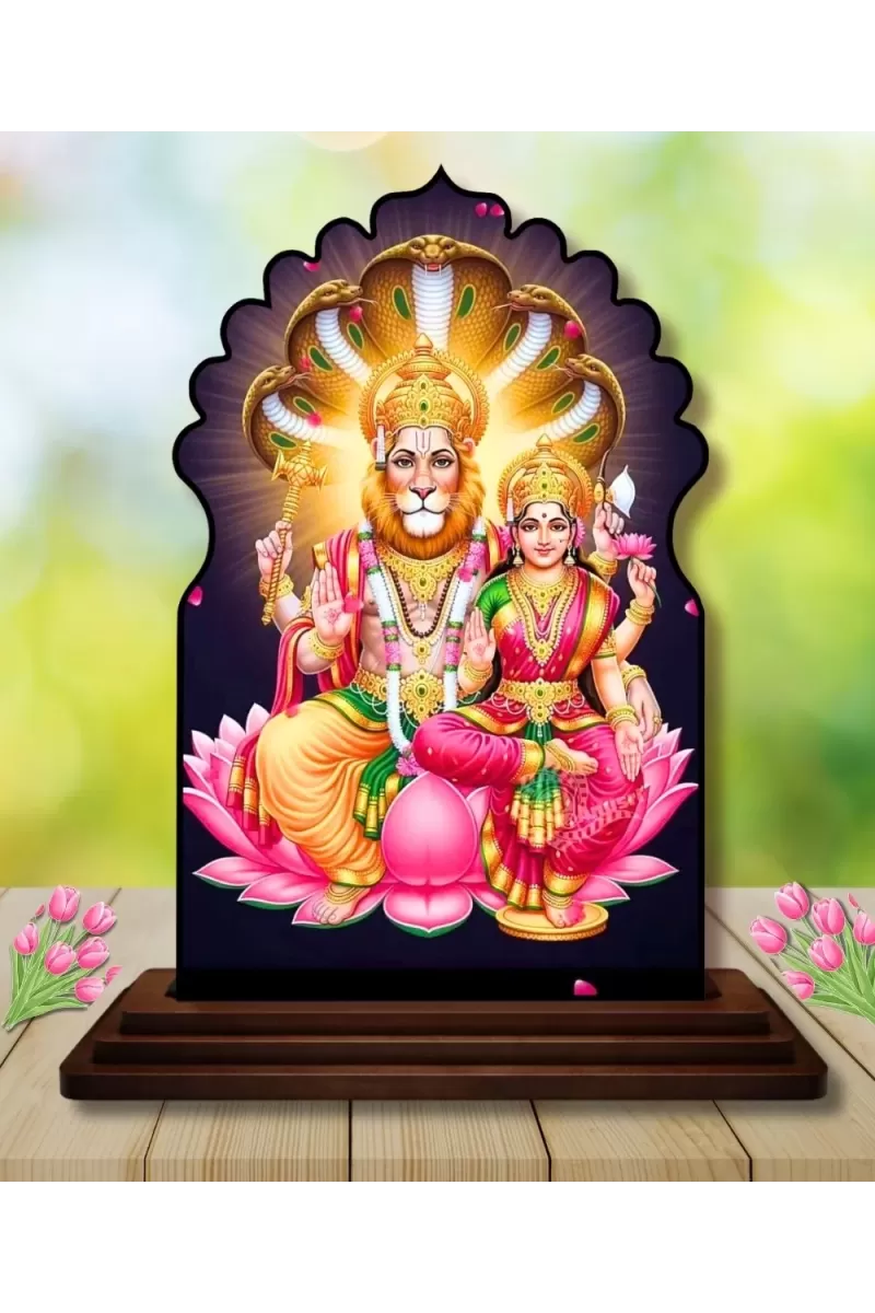 Car Dashboard/Table Top Lakshmi Narasimha Swami Wooden Temple Photo Stand  3x4 Inches, Compact & Stylish Spiritual Display For Car, Home & Office (Pack Of 1) (F22646)