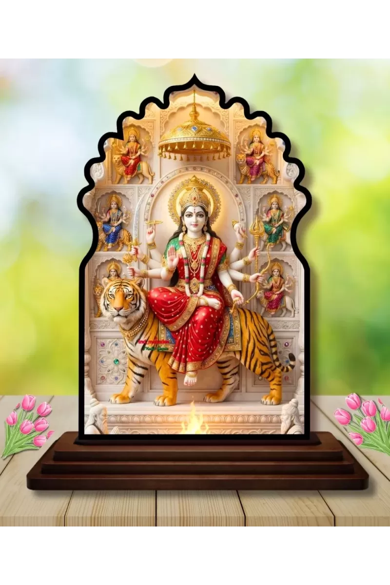 Car Dashboard/Table Top Maa Durga Wooden Temple Photo Stand  3x4 Inches, Compact & Stylish Spiritual Display For Car, Home & Office (Pack Of 1) (F22653)