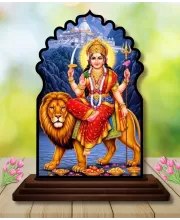 Car Dashboard/Table Top Durga Maa Wooden Temple Photo Stand  3x4 Inches, Compact & Stylish Spiritual Display For Car, Home & Office (Pack Of 1) (F22655)