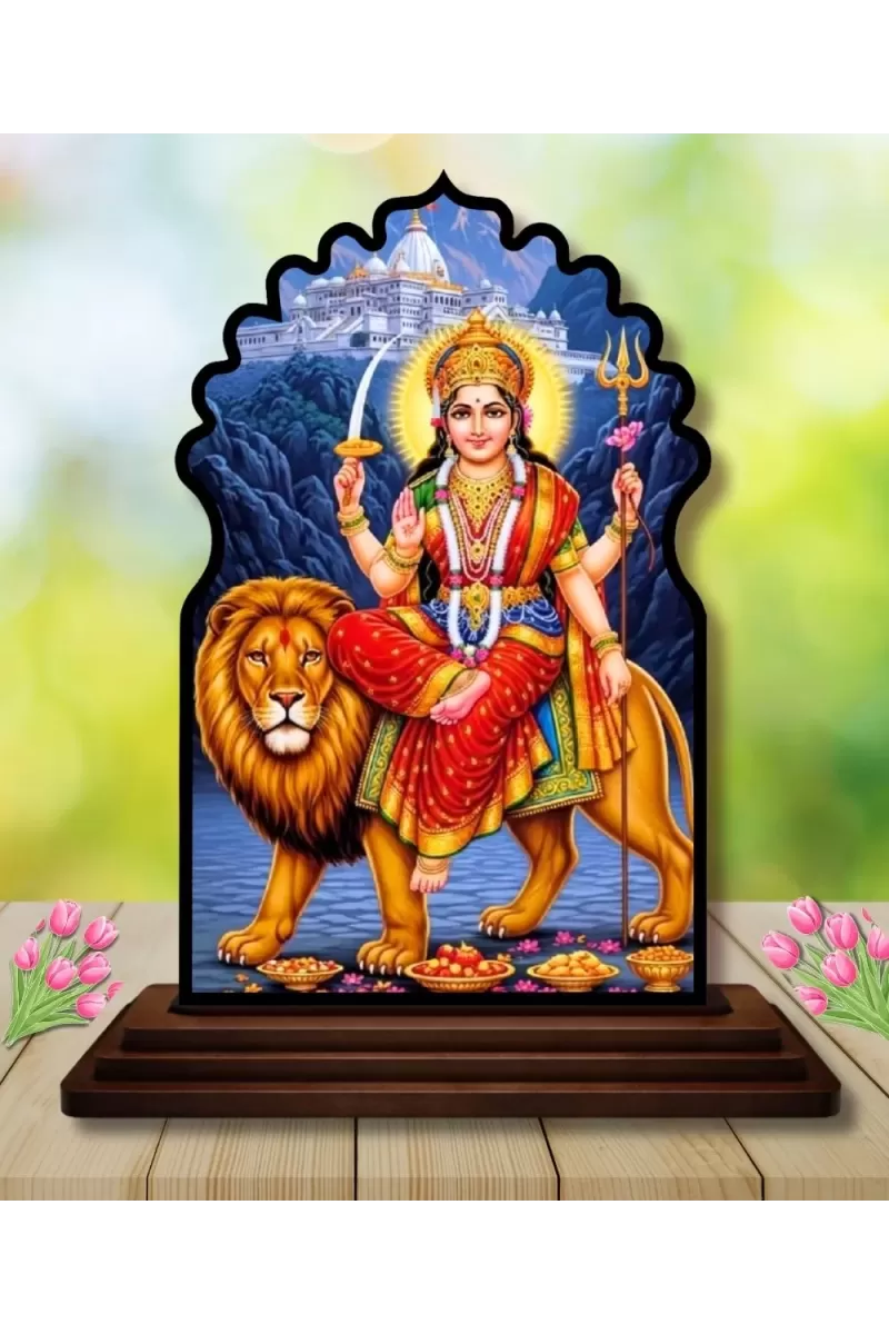Car Dashboard/Table Top Durga Maa Wooden Temple Photo Stand  3x4 Inches, Compact & Stylish Spiritual Display For Car, Home & Office (Pack Of 1) (F22655)
