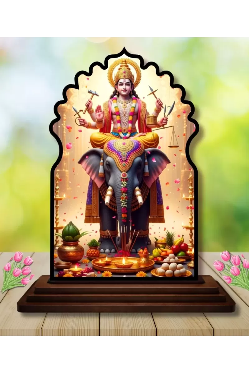 Car Dashboard/Table Top Lord Vishwakarma  Wooden Temple Photo Stand  3x4 Inches, Compact & Stylish Spiritual Display For Car, Home & Office (Pack Of 1) (F22659)