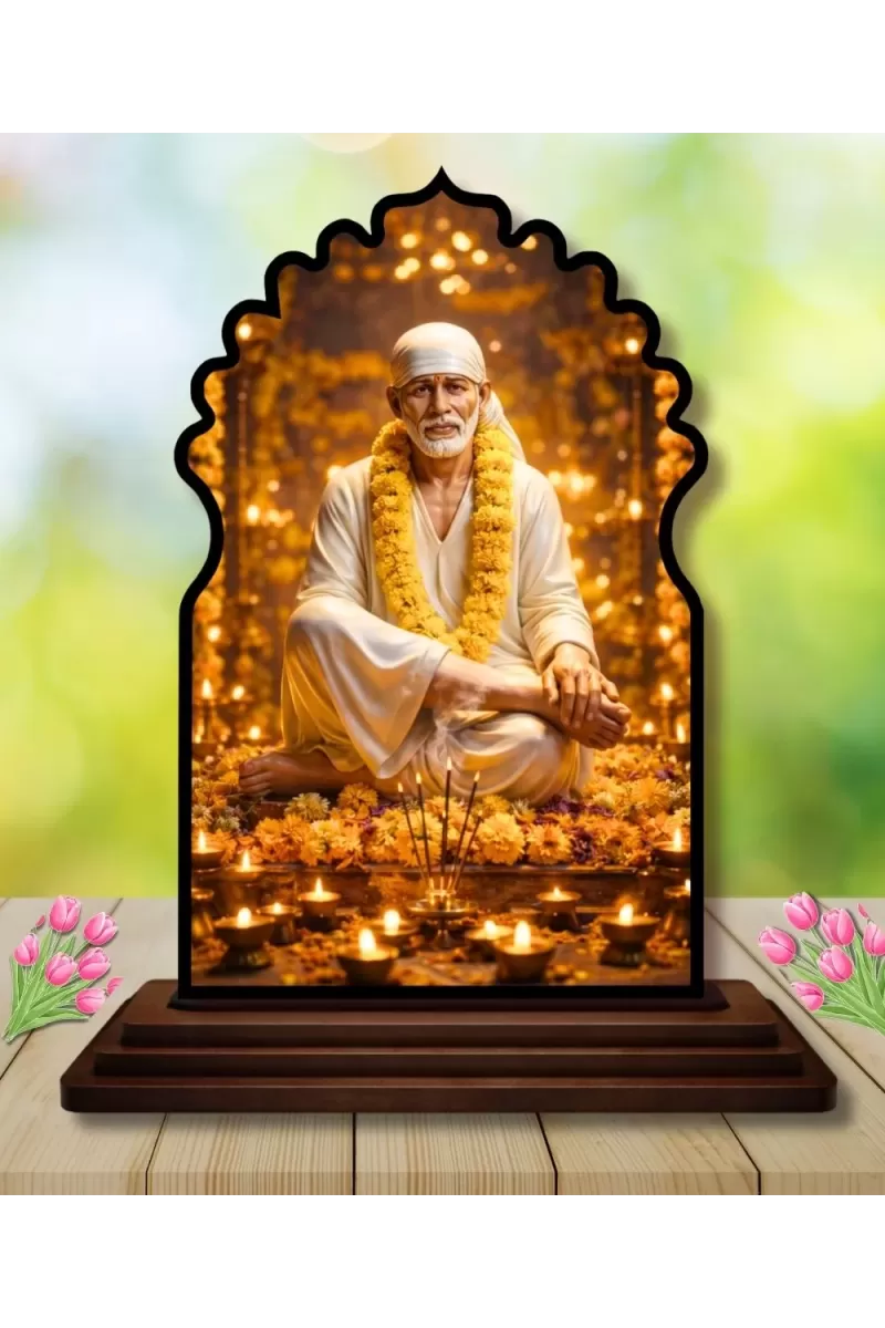 Car Dashboard/Table Top Lord Saibaba Wooden Temple Photo Stand  3x4 Inches, Compact & Stylish Spiritual Display For Car, Home & Office (Pack Of 1) (F22660)