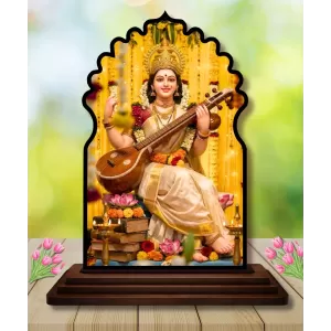 Car Dashboard/Table Top Goddess Saraswathi Wooden Temple Photo Stand  3x4 Inches, Compact & Stylish Spiritual Display For Car, Home & Office (Pack Of 1) (F22661)