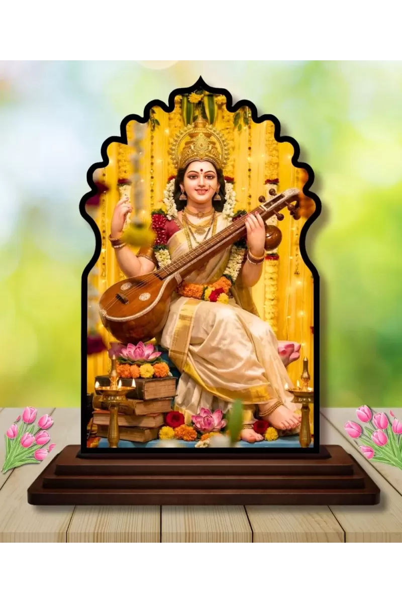 Car Dashboard/Table Top Goddess Saraswathi Wooden Temple Photo Stand  3x4 Inches, Compact & Stylish Spiritual Display For Car, Home & Office (Pack Of 1) (F22661)